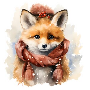 May include: A watercolor painting of a fox wearing a red scarf and a brown hat with red berries. The fox is surrounded by a white background with a light blue and brown watercolor wash.