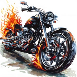 Pacote com 10 clipart de motocicletas com chamas - PNG transparente de alta qualidade - Download digital para uso comercial, aquarela, mídia mista, papel, artesanato