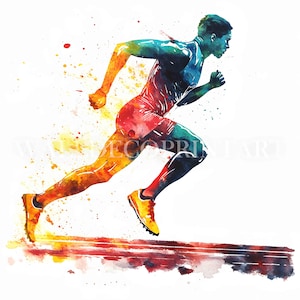 May include: A watercolor painting of a runner in mid-stride. The runner is depicted in shades of blue, green, red, and yellow, with splashes of color around them. The runner is on a track with a white background.