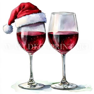 10 leuke kerstwijn met kerstmuts clipartbundel - hoge kwaliteit jpg's - digitale download - commercieel gebruik, aquarel, mixed media papier