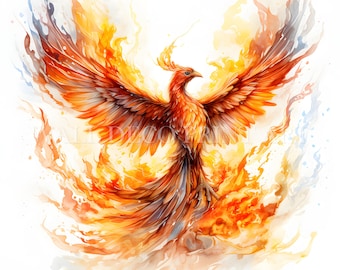 Flaming Phoenix Clipart Bundle - 10 High Quality JPGs - Digital Downloads - Commercial Use, Watercolor, Mixed Media, Digital Paper Craft