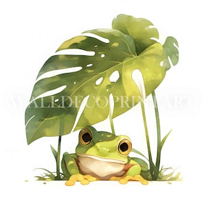 Lot de 10 cliparts grenouille verte sous la feuille - fichiers JPG de haute qualité - téléchargement numérique - usage commercial, aquarelle, création artistique en papier numérique technique mixte