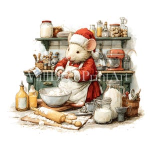 Può includere: Illustrazione ad acquerello di un topo vestito da Babbo Natale, che cucina in una cucina. Il topo indossa un cappotto e un cappello rossi, con un grembiule bianco. Farina, mattarello e utensili da forno sono visibili.