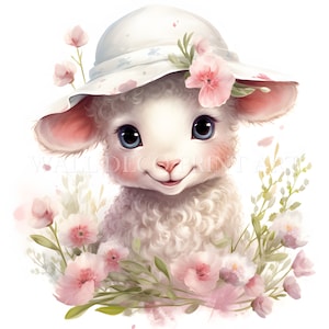Hermoso paquete de imágenes prediseñadas de cordero con flores de primavera: 10 archivos JPG de alta calidad, descarga digital, uso comercial, acuarela, técnica mixta, papel digital
