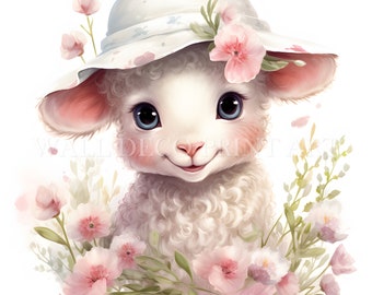 Lovely Spring Flower Lamb Clipart Bundle - 10 High Quality JPG - Digital Download - Commercial Use, Watercolor, Mixed Media, Digital Paper