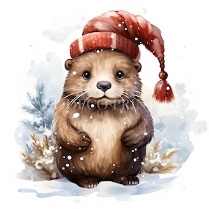 Lot de 10 cliparts loutre de Noël - 10 fichiers JPG haute qualité - téléchargements numériques - usage commercial, aquarelle, techniques mixtes, créations numériques en papier