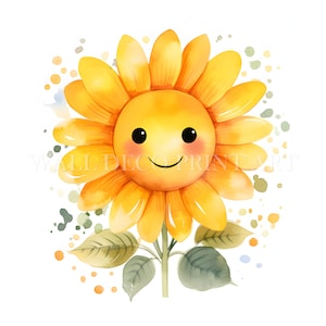 Ensemble de clipart tournesol souriant - 10 fichiers JPG de haute qualité - téléchargements numériques - aquarelle, techniques mixtes, usage commercial, création numérique en papier