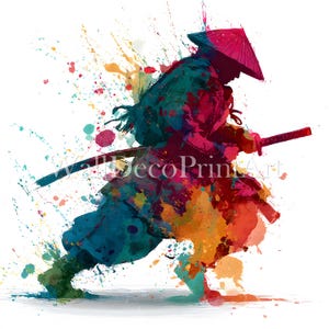 Conjunto de 10 clipart de silhuetas coloridas de samurai, ilustração em aquarela de alta resolução, download digital, impressão para uso comercial, artes marciais