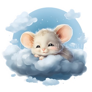 Jolie souris dormant sur un nuage de cliparts - 9 fichiers JPG de haute qualité - téléchargement numérique - aquarelle, techniques mixtes, numérique