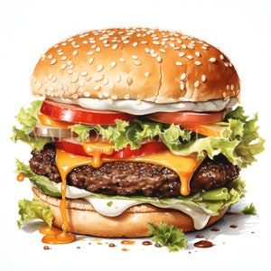 Peut inclure: Un cheeseburger juteux avec de la laitue, de la tomate et un pain aux graines de s&eacute;same. Le fromage est fondu et coule sur les c&ocirc;t&eacute;s du hamburger.