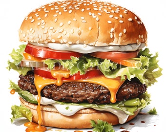 Ensemble de cliparts pour hamburgers savoureux - 10 fichiers JPG de haute qualité - téléchargements numériques - utilisation commerciale, aquarelle, techniques mixtes, créations numériques en papier