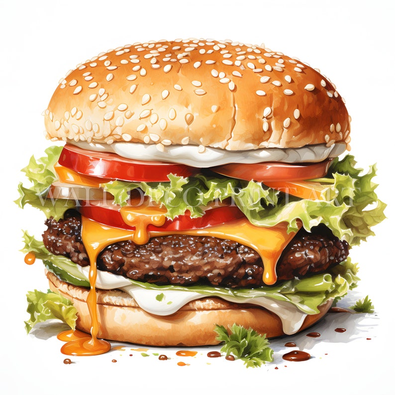 Peut inclure: Un cheeseburger juteux avec de la laitue, de la tomate et un pain aux graines de s&eacute;same. Le fromage est fondu et coule sur les c&ocirc;t&eacute;s du hamburger.