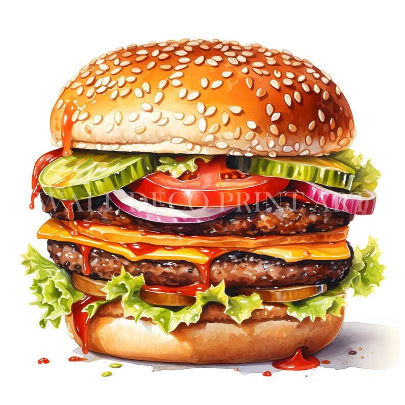 Peut inclure: Un cheeseburger double avec de la laitue, de la tomate, de l'oignon, des cornichons et du fromage. Le hamburger est garni de ketchup et de moutarde et a des graines de s&eacute;same sur le pain.