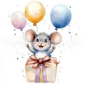 Birthday Mouse GIFT Clipart Bundle - 10 High Quality JPGs - Digital Downloads - Commercial Use, Watercolor, Mixed Media, Digital Paper Craft