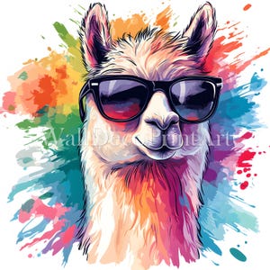 Puede incluir: Una llama con gafas de sol sobre un fondo de acuarela colorido. La llama mira directamente al espectador con una expresión relajada.