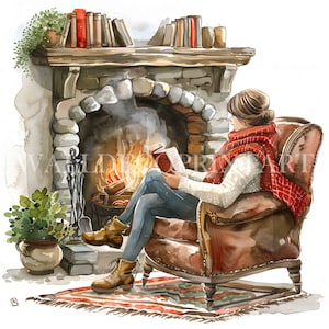 10 Reading Woman Cozy Fireplace Clipart Bundle - JPG di alta qualità - Download digitali - Uso commerciale Acquerello Tecnica mista Artigianato digitale