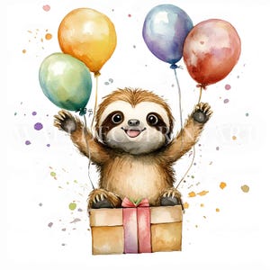 Birthday Sloth GIFT Clipart Bundle - 10 High Quality JPGs - Digital Downloads - Commercial Use, Watercolor, Mixed Media, Digital Paper Craft
