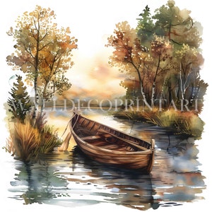10 Boat in Nature Clipart Bundle - JPG di alta qualità - Download digitali - Uso commerciale Stampabile Arte ad acquerello Diari spazzatura Tecnica mista