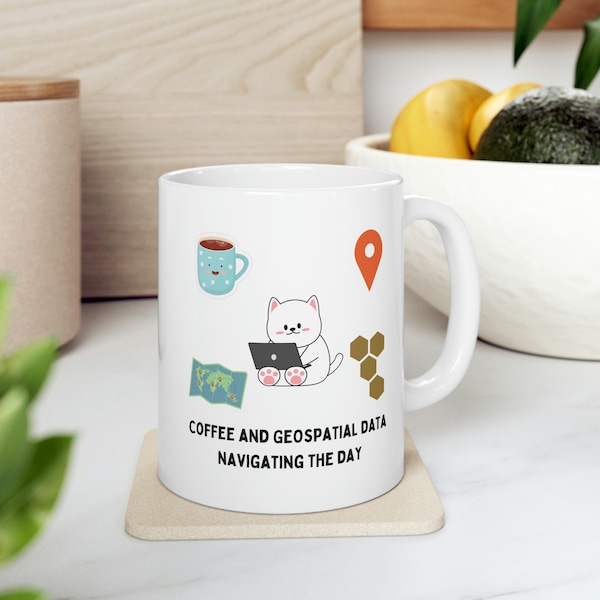 Geospatial Coffee Ceramic Mug for maps lover, geo data practitioners and geographic information systems engineers, location coordinates H3