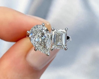 Moissanite Toi et Moi Ring, Pear & Emerald Cut, 14k Solid Gold