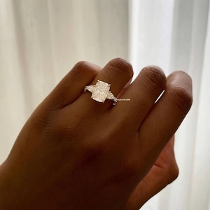 Lab Grown 2.2ct Three Stone Engagement Ring: 14k Gold Cushion & Pear Cut