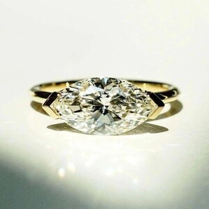 1.5CT Marquise Cut Lab Grown Diamond Ring, East West Diamond Engagement Ring, 14k Solid Gold Wedding Ring, Solitiare Promise Ring