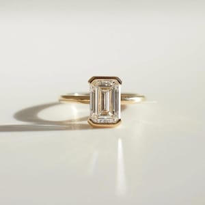 2.5CT Emerald Cut Lab Grown Diamond Ring, Half Bezel Set Engagement Ring, Solid Gold Wedding Ring, Solitaire Promise Ring, Anniversary Gifts