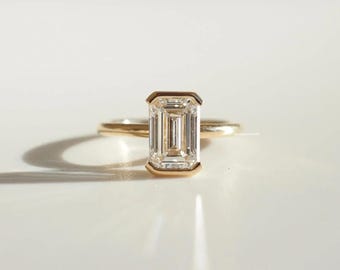 Anillo de diamantes cultivados en laboratorio con talla esmeralda de 2,5 quilates, anillo de compromiso con engaste de medio bisel, anillo de boda de oro macizo, anillo de promesa solitario, regalos de aniversario