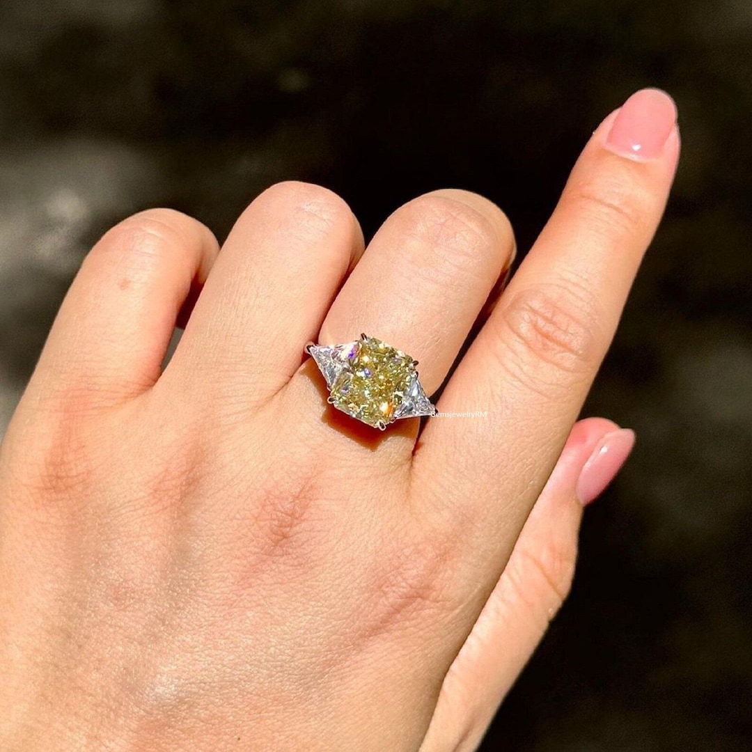 Radiant Cut Lab Grown Yellow Diamond Ring: Three Stone 14k Gold ...