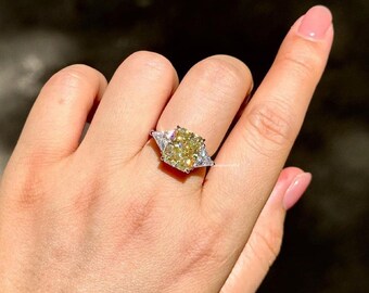Radiant Cut Lab Grown Yellow Diamond Ring: Three Stone 14k Gold Engagement