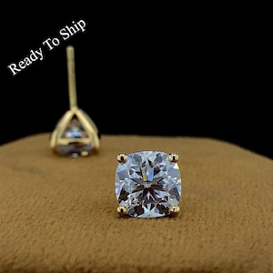 Cushion Cut Moissanite Stud Earrings in 14k Yellow Gold, Classic 1.7ct + 1.7ct Cushion Shape Earrings, Anniversary Gifts, Ready to Ship