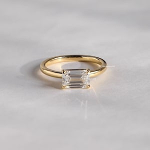 East West Solitaire Engagement Ring, 1.75ct Emerald Cut Lab Grown Diamond Ring, Handmade Wedding Ring, 14k Solid Gold Anniversary Gifts Ring