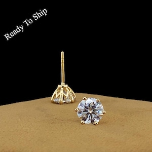 Pendientes de oro macizo de 14 k, pendientes de moissanita, pendientes de moissanita, pendientes solitarios, pendientes de corte redondo de 1,2 + 1,2 ct.