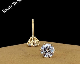14k Solid Gold Moissanite Stud Earrings: 2.4ct Solitaire, Round Cut