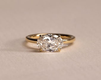 East West Oval Lab Grown Diamond Ring: 14k Solid Gold Engagement Ring