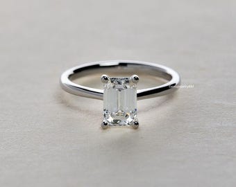 1.5 Carat Emerald Cut Lab Grown Diamond Ring, 14k Gold Solitaire Cathedral Engagement Ring