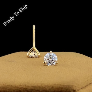 Round Cut Moissanite Stud Earrings in 14k Yellow Gold, 6 mm Round Shape Three Prong Earrings, Anniversary Gifts For Her, Ready to Ship
