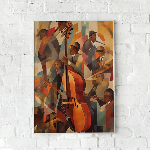 Vintage Jazz Poster, Mid Century Art Style, Boho Print, Retro Piano Music, Blues Picture, Bass Guitar, Digital Download, Saxophone, Musician