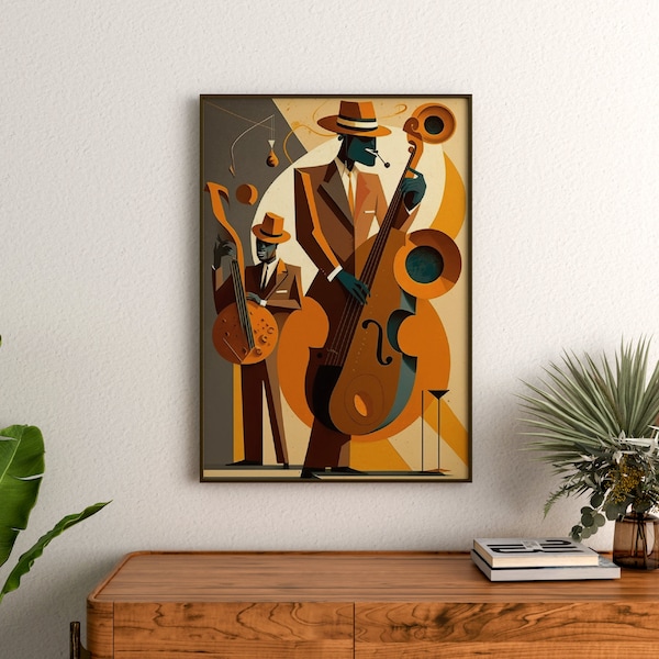 Mid Century Art Style, Boho Print, Vintage Jazz Poster, Retro Music, Blues Brothers, Cool Bass Guitar, Digital Download, Decoration, Trumpet