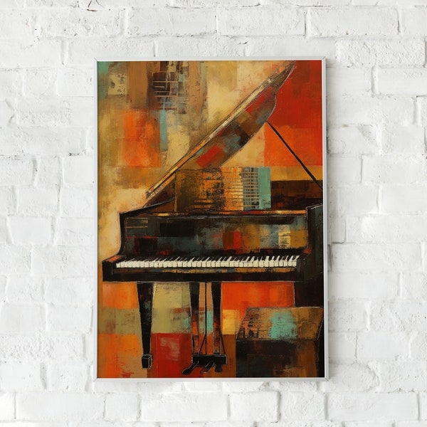 Grand Piano Poster, Vintage Jazz Print, Mid Century Art Style, Classical Music, Retro Boho, Old Musician, Digital Download, Concert Picture