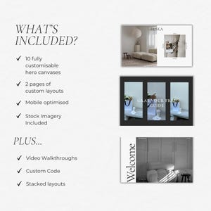 May include: A graphic design template kit with 10 customizable hero canvases, 2 pages of custom layouts, mobile optimized design, stock imagery, video walkthroughs, custom code, and stacked layouts. The image shows a black and white photo of a room with a couch and a window.