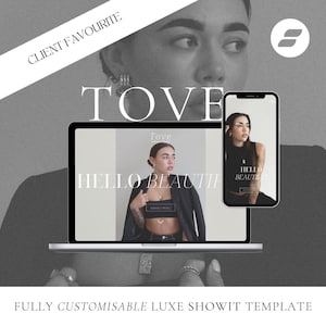 Pode incluir: Uma imagem em preto e branco de um computador portátil que exibe um site com o texto "Tove" e "Hello Beautiful". O site é um favorito dos clientes e é totalmente personalizável.