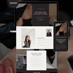 May include: A digital marketing website design displayed on a laptop and smartphone. The website features a dark theme with the text "YOUR BIG MAIN STATEMENT HERE" and "SHOWIT". The design includes images and text sections.