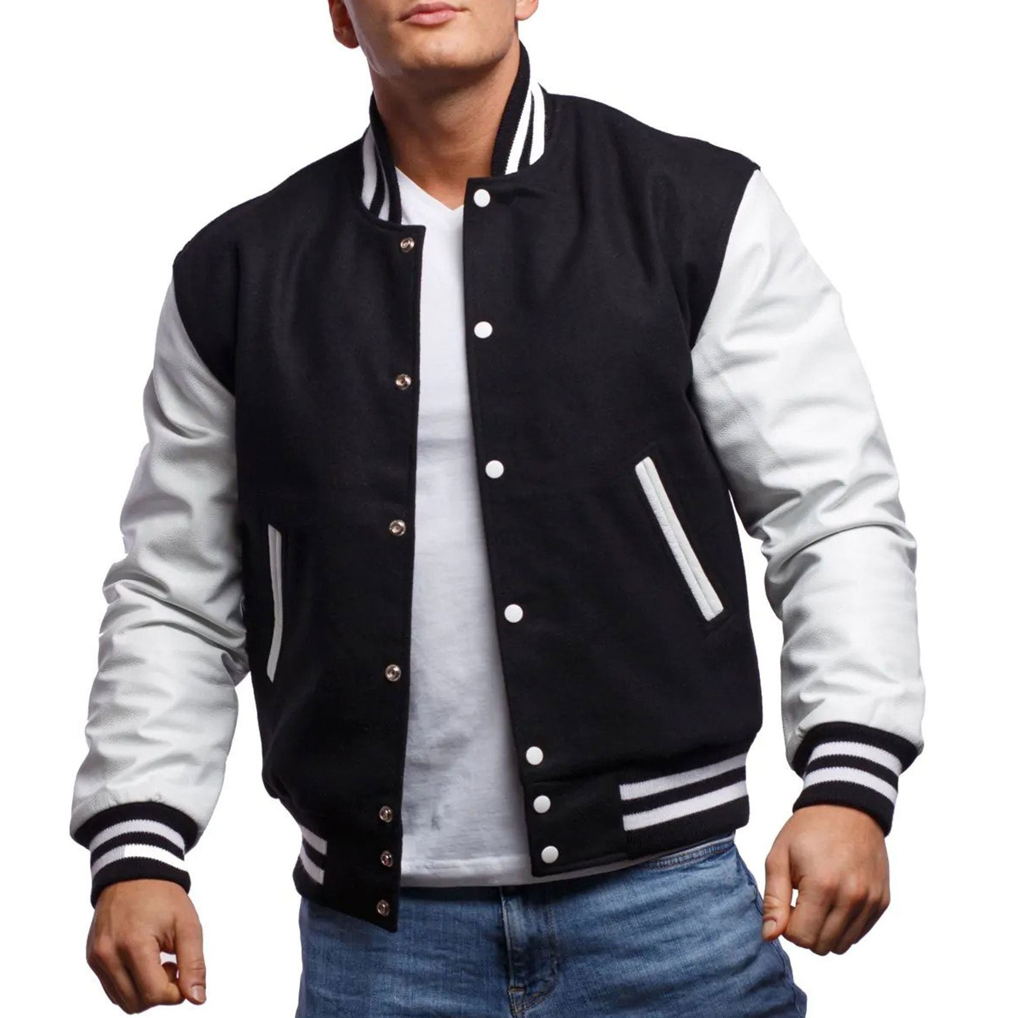 Customized Varsity Jacket Men in Black Wool & White Leather 