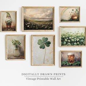 May include: Set of 7 printable wall art prints featuring vintage illustrations of shamrocks, a leprechaun, and a beer mug. The prints are in a rustic style with a light brown background.