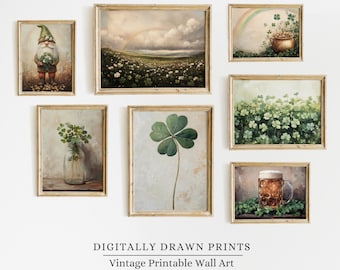 May include: Set of 7 printable wall art prints featuring vintage illustrations of shamrocks, a leprechaun, and a beer mug. The prints are in a rustic style with a light brown background.