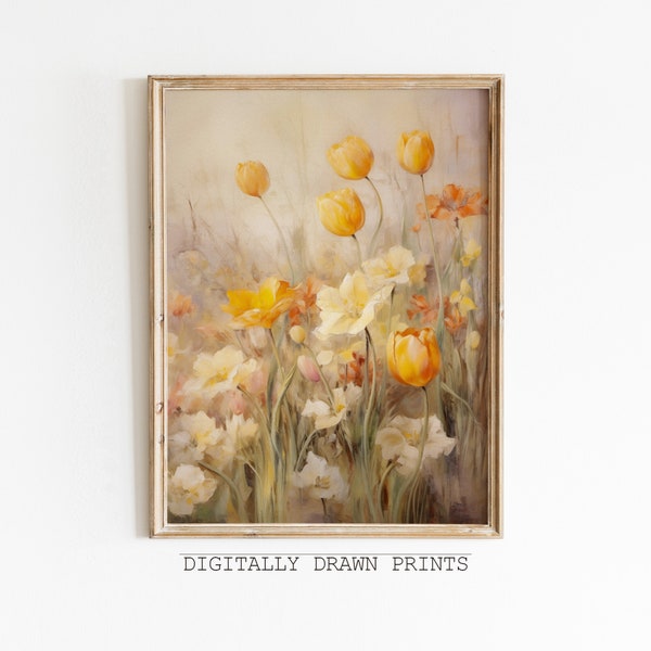 Spring Wildflowers Print, Spring Wildflower Field, Flower Meadow, Warm Tone Landscape, Country Oil Painting, Digital Download