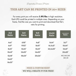 May include: A chart showing different print sizes for digital art. The chart includes sizes in inches and international paper sizes. The text reads "This art can be printed in 20+ sizes" and "Need a custom size? We will create it for free!"