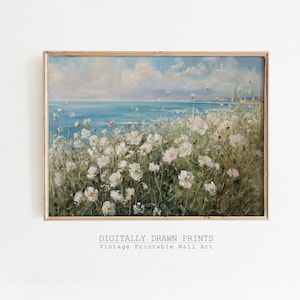 Coastal Printable Wildflower Field Landscape Painting, Vintage Summer Print, Floral Print, Summer Farmhouse Print, Digital Download