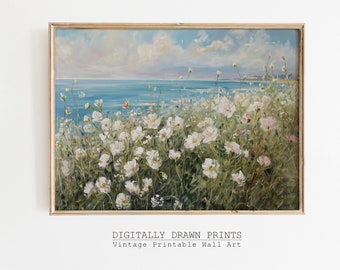 Coastal Printable Wildflower Field Landscape Painting, Vintage Summer Print, Floral Print, Summer Farmhouse Print, Digital Download